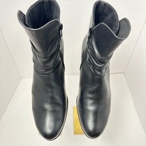 Gabor Black Leather Ruched Ankle Boots Low Block Heel Side Zip 65676 Size 5.5
